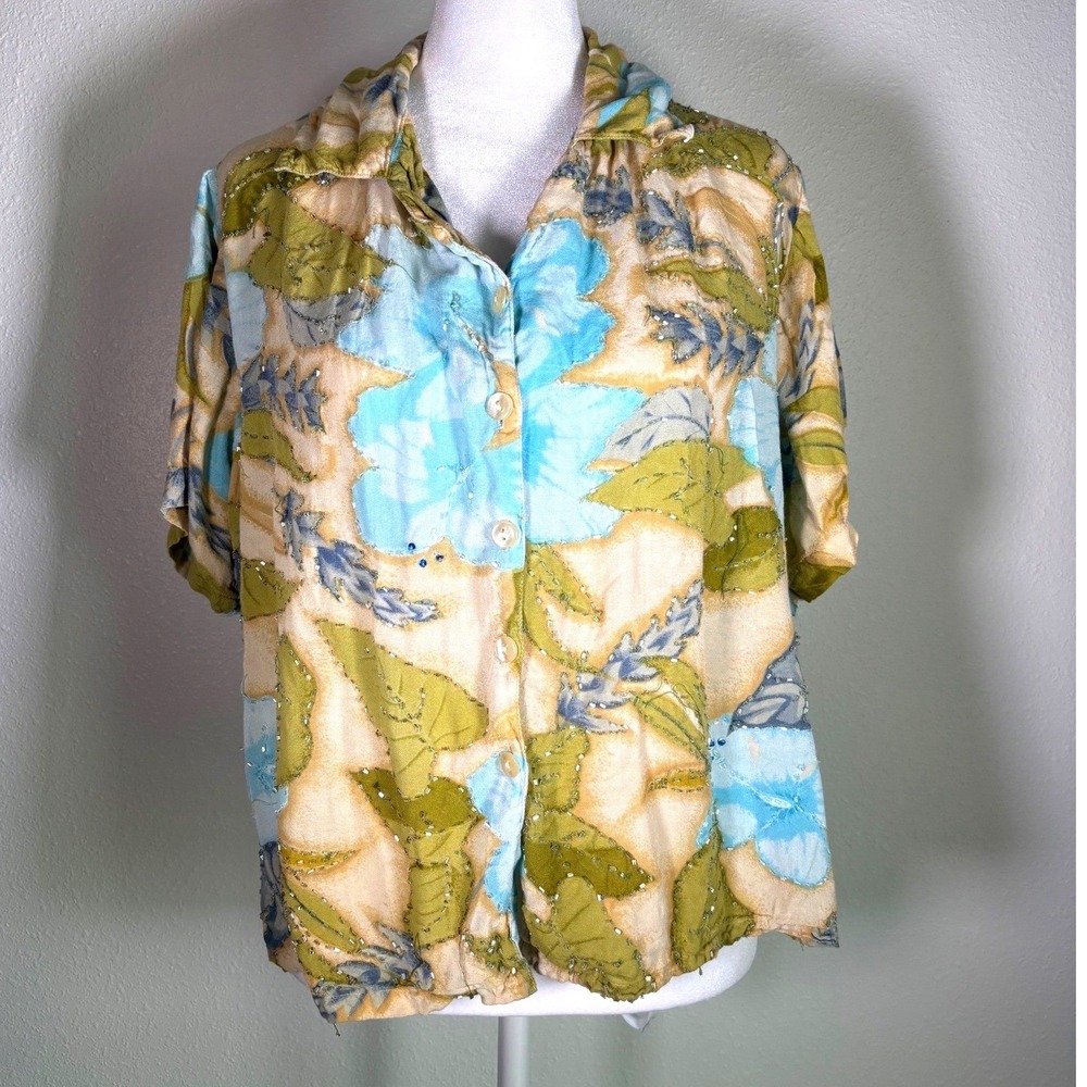Flower Tropical Hawaiian Vintage Hibiscus Beaded Button Up Blue Green Free Size